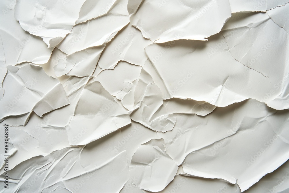 Poster crumpled white paper texture on cardboard surface. close-up view of rough, folded and torn paper aga