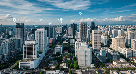 Fototapeta premium wireless telecommunication, Hong Kong island downtown modern cityscape on a blue sky daytime