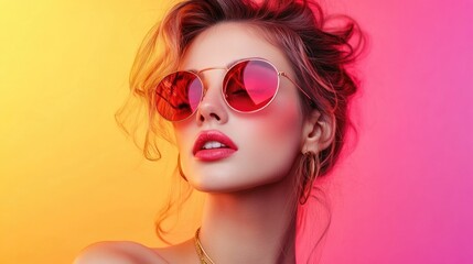 Fototapeta premium Fashionable Female Model in Vivid Pink Background with Orange Reflection