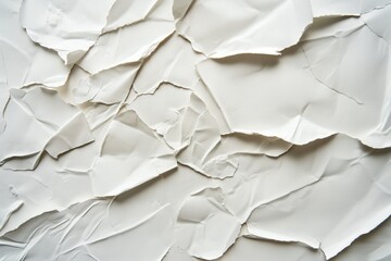 Fototapeta premium Crumpled white paper texture on cardboard surface. Close-up view of rough, folded and torn paper against stark white background. Perfect for eco-friendly, sustainable, craft or design projects.