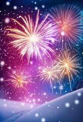 winter forest with Christmas decorations and fireworks in the sky, background for New Year celebrations, winter fairy tale
