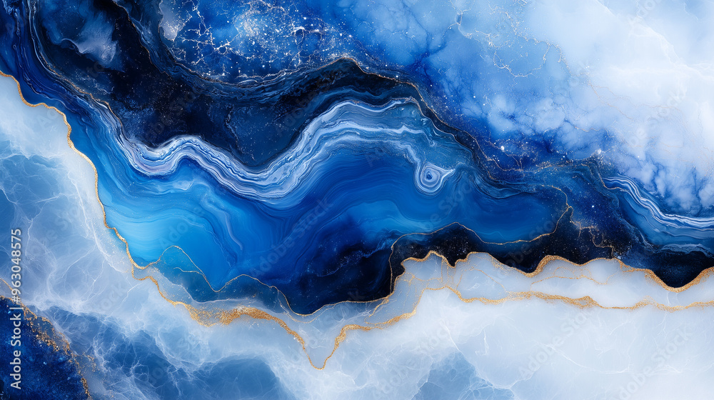 Aufkleber abstract fluid blue and gold marble texture with flowing patterns resembling ocean waves.