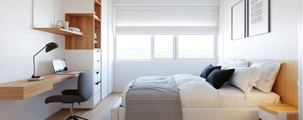 Small bedroom with a multifunctional desk, storage, and exercise space