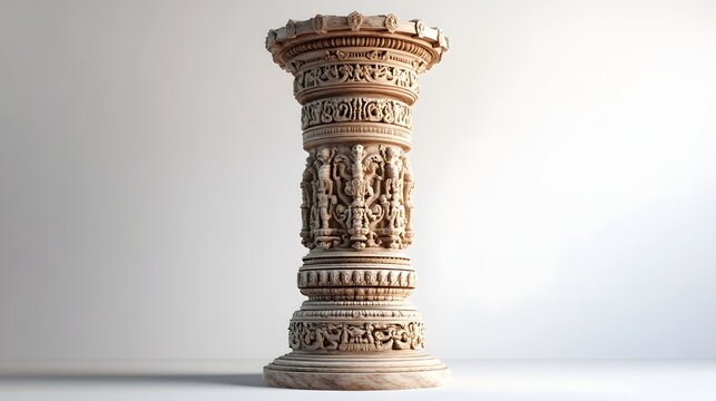 111. "The Jain Jainism Ashoka Pillar in 3D, detailed with traditional symbols and intricate carvings, set against a clean white background.