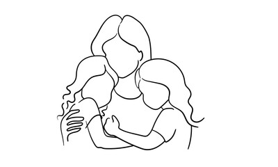 Mother and two chieldrens continuous line art drawing isolated on white background. Mothers day. Vector illustration	