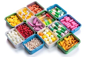 Assorted colorful medicine boxes with labels and lids open, revealing pills and capsules, on a white background, symbolizing healthcare and pharmacy concepts.