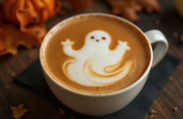 latte cup with foam pattern in the form of a ghost, with autumn leaves and decorations for Halloween on a wooden background