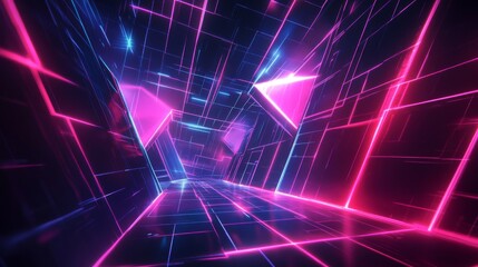 Fototapeta premium A futuristic, glowing corridor with neon pink and blue lines. The space is dark and abstract, creating a sense of depth and mystery. .