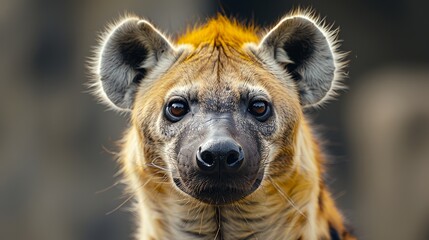 Close-up of a hyena's face, looking directly at the camera.