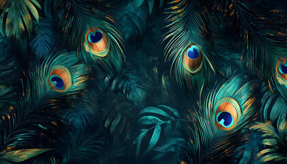 A digital illustration of a vibrant background made of colorful peacock feathers