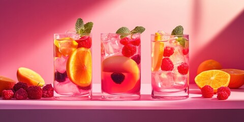Three glasses of fruit punch with raspberries and oranges