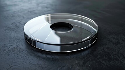 A clear glass object sits on a black surface
