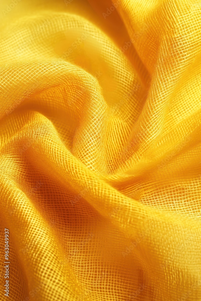 Poster Yellow fabric texture pattern close-up view with diagonal lines movement depth. Vibrant woven material slightly wrinkled adding dimension focus on intricate details blurred background.