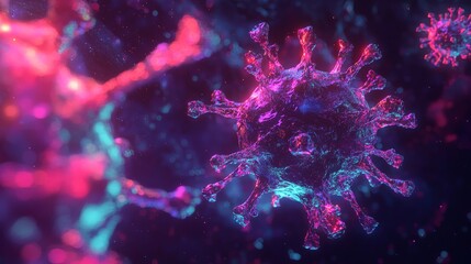 A futuristic 3D virus floating in space, with neon colors and sharp details