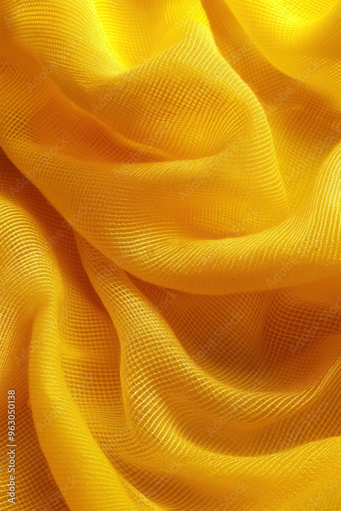 Poster Vibrant yellow fabric with criss-cross pattern, diagonal zigzag threads. Woven material texture, layered appearance. Close-up view from slightly elevated angle.