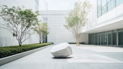 A large, white rock rests in the courtyard of a modern building.