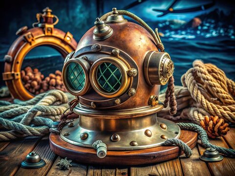 A vintage-style scuba diving helmet with large, circular goggles and a chrome finish, surrounded by oceanic accessories and nautical elements, evoking nostalgia.