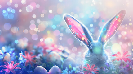 Fototapeta premium Fun and colorful rabbit glowing softly, vibrant pastel colors, festive spring background with eggs and flowers, Easter 