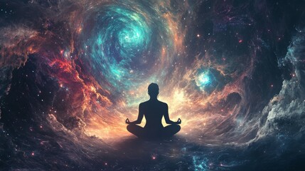 A lone figure meditates amidst a swirling cosmic nebula, finding peace within the vastness of space. .