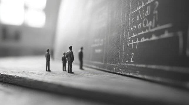 A group of men stand in front of a chalkboard with equations on it