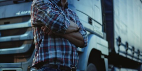 A man in a plaid shirt stands in front of a truck