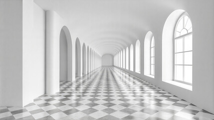 Obraz premium Empty modern interior hallway with arched windows and checkered floor