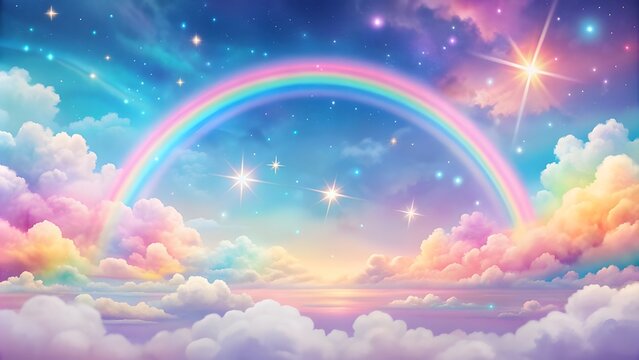 Holographic fantasy rainbow background with clouds and stars. Pastel color sky.Cloudy sky background. Unicorn fantasy pastel galaxy. Rainbow cute wallpaper. Fluffy magic pink landscape