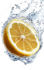 A fresh lemon half splashing in water, creating a vibrant, refreshing image. Perfect for juice, citrus, or summer themes.