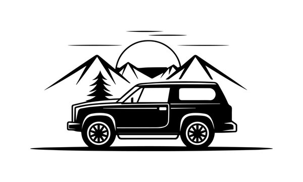 recommend clip art: vector silhouette of an off-road vehicle on a background of mountains, trees and sunset