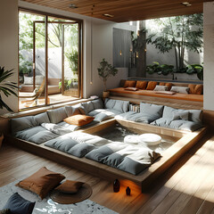 Living room with wooden furniture and comfortable bed in a modern luxury style