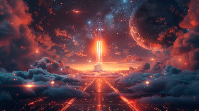 The concept of the metaverse and elements of the virtual world. Simulation of the world in virtual reality for future smartphones and digital devices. Rocket takes off from thaugmented reality portal.