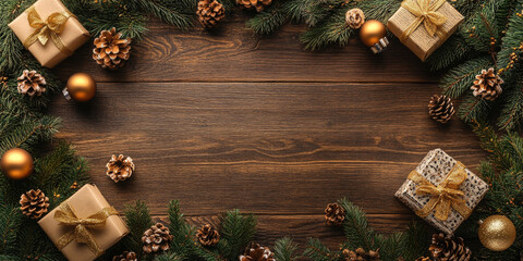 Christmas border composition made of fir branches, pine cones, gift boxes on a rustic wooden background with copy space in the middle. Christmas and New Year! Flat lay, top view. Copy space. Mock up