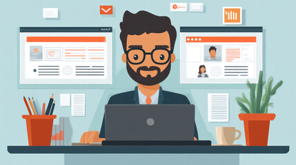 A professional searches for jobs online, using a laptop and career-focused websites.