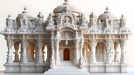 123. "The Jain Derasar (Temple) in 3D, artistically designed with intricate carvings and textures, set against a clean white background.
