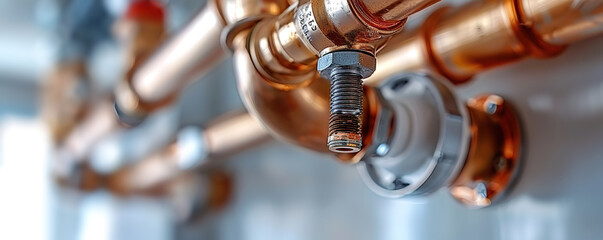 Close up of a copper pipe valve with a shiny metal finish against a white wall. The valve is part of a complex system of pipes.