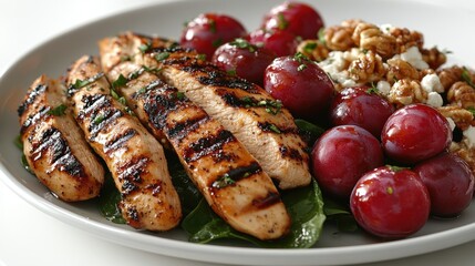 Enjoy a colorful plate featuring grilled chicken with fresh grapes and a mixed salad