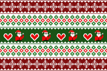 Seamless Christmas pattern with green and red Christmas trees,reindeer, perfect for festive decorations, vintage designs, and holiday-themed textiles,Traditional ethnic, geometric, ethnic,culture, 