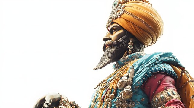 124. "A detailed 3D image of the Sikh Guru Gobind Singh statue, elaborately rendered with rich textures and colors, isolated on a pristine white backdrop.