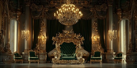 Fototapeta premium Ornate throne room with gold and green decor.