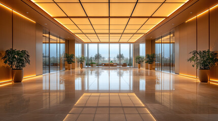 A unique perspective of the modern office ceiling showcases the symmetry and design elements.