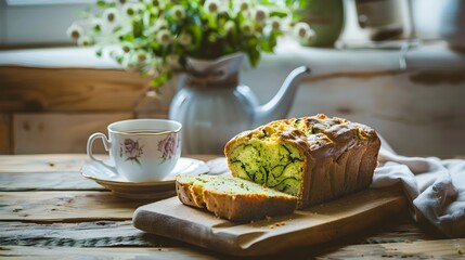 Rustic Zucchini Bread Served with Herbal Tea on Wooden Kitchen Table
