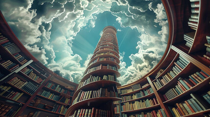 a library scene with a spiral book tower reaching towards the sky