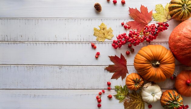 Fall Harvest on White Wood: Pumpkins, Leaves, and Berries; background