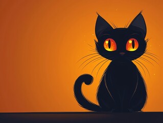 Black cat with arched back and glowing eyes, flat design illustration