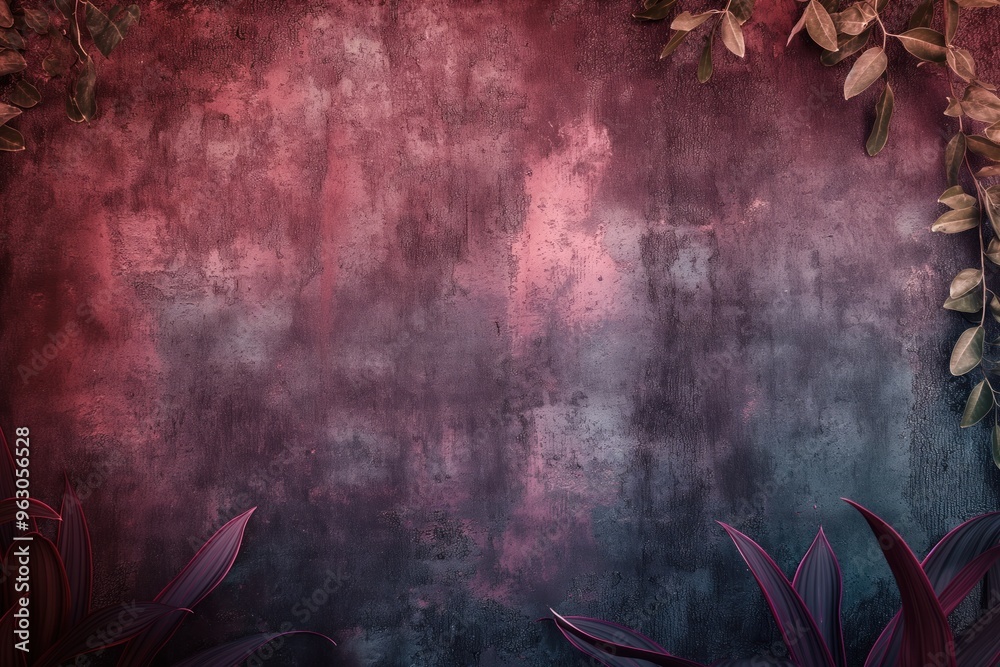 Poster purple leaves adorn dark background. modern poster design features textured velvet effect. gray line