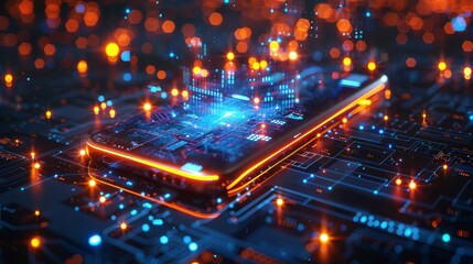 Advanced Technology Concept with Smartphone and Glowing Data. Phone integrated with advanced technology, emitting a radiant data screen on a futuristic blue digital background. 