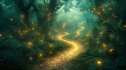 Obraz premium A magical forest path illuminated by fireflies, leading into the depths of a mysterious woodland. .
