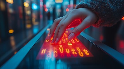 Woman's hand with manicured nails hovers over a glowing screen, blurred city lights in the background.