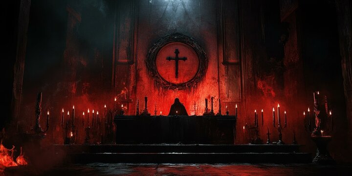 Dark, red-lit room, figure sits before candles and cross.