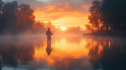 Fototapeta premium An angler casts a fishing line into a calm lake during sunrise, enjoying the peaceful moment. --ar 16:9 --stylize 750 --v 6.1 Job ID: 09dcb453-0114-4b96-856b-10ca6486e5f3